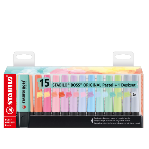 STABILO BOSS PASTEL DESKSET EVIDENZIATORE PUNTA A SCALPELLO 2/5 mm COLORI ASSORTITI CONF 15 Pz.